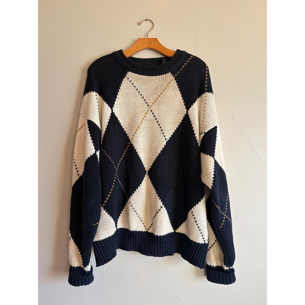 Structure Mens Vintage 90s Argyle Chunky Knit Sweater Navy Cream Large Cotton